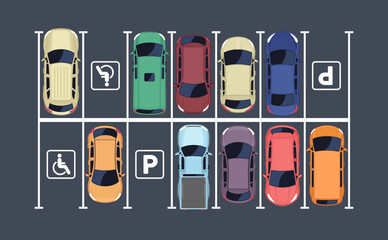 Top view of cars in parking area. Vector illustration © yayasya