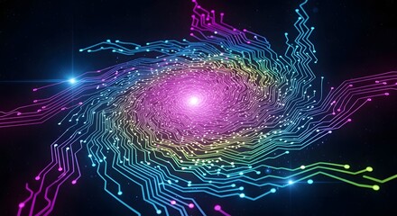 Cosmic spiral of interconnected data pathways and glowing circuits representing a futuristic technology network