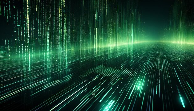 futuristic digital data stream on a dark background featuring a green glitch texture and a dynamic code rain overlay effect - Powered by Adobe