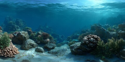 Fototapeta premium Underwater coral reef ecosystem hdri panoramic view in vibrant ocean environment