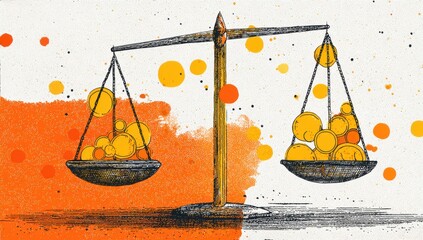 Golden coins weigh down scales, illustrating financial balance and investment decisions in a vibrant, abstract business concept.