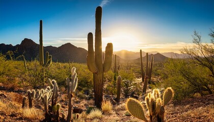 sun drenched saguaro cacti against mcdowell sonoran preserve mountains scottsdale prickly pear
