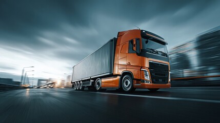 An orange semi-truck speeding on the highway with motion blur, delivering cargo across the country with a vibrant sunset and cityscape background at dusk.