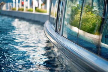 Futuristic urban water bus docked at serene floating station surrounded by nature and illuminated by warm sunlight