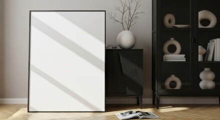 Blank poster frame leaning against a dark cabinet in a modern living room with sunlight casting shadows