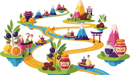 Vibrant colorful fantasy landscape with winding river mountains and cultural landmarks in a