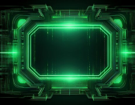futuristic green digital glitch frame with a distorted data texture and a corrupted screen overlay effect on a dark background