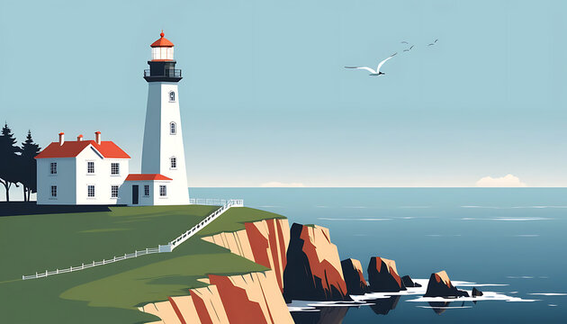 Coastal lighthouse with ocean background