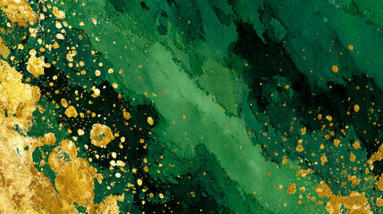 Abstract green and gold background with splashes of paint