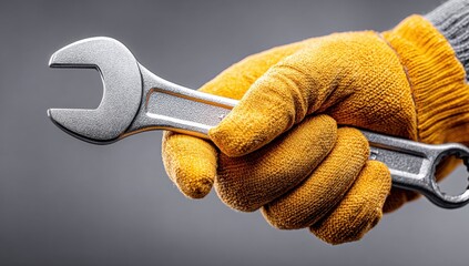 Skilled hand wearing durable work glove expertly holds a shiny metal wrench, ready for any repair or construction task.