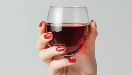 Elegant hand with vibrant red nails delicately holds a glass of rich red wine, perfect for celebrating life's finest moments.