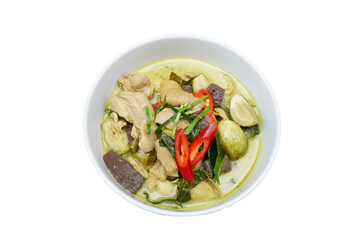  white bowl of chicken green curry features tender chicken cooked in a thick, coconut milk-based green curry sauce. The ingredients include eggplant, fresh basil leaves, kaffir lime leaves, and 