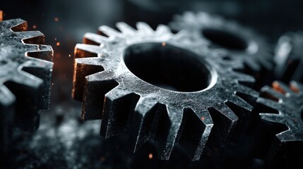 Intricate metal gears meshing together, symbolizing industrial power, mechanical precision, and the relentless drive of innovation in motion.