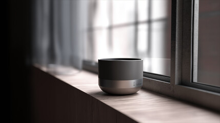 Hyper-Realistic Home AI Hub: Compact Device on Ash Wood Shelf, Soft Ambient Light, Subtle LED Glow, Textured Plastic & Aluminum Ring, Negative Space for Text Overlay, Studio-Grade Photorealism