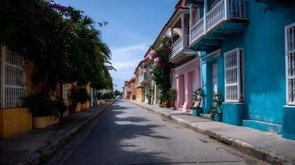 Fototapeta premium A picturesque street lined with vibrant colorful colonial buildings under a clear blue sky