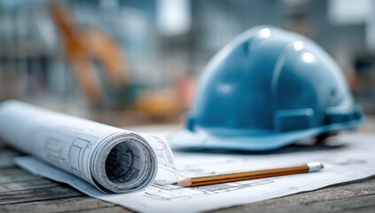 Professional blueprints, safety helmet, and pencil laid out on wooden table at construction site, planning future development success.