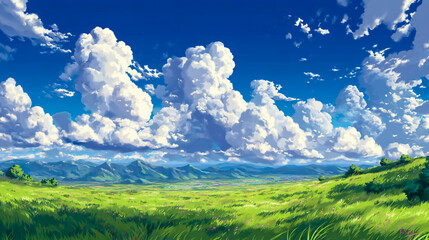In the foreground is a grassy field, with white clouds in the blue sky