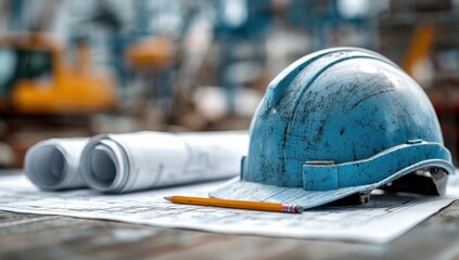 Essential construction planning with blueprints, hard hat, and pencil on table ready for project execution