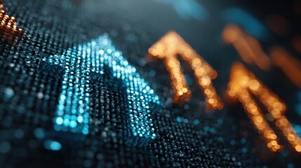 Dynamic upward arrows in vibrant blue and orange illuminate a dark, textured background, symbolizing growth, progress, and success.