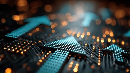 Dynamic digital arrows illuminate progress on a dark circuit board, symbolizing growth and innovation in technology