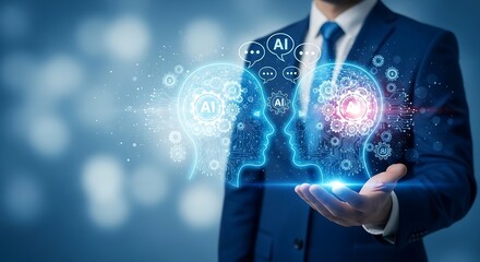 Futuristic Digital Artifical Intelligence Head Silhouette with Man in Suit