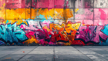Obraz premium 鮮やかなタグが重なり合うコンクリート壁のグラフィティ背景 – Grunge Concrete Wall with Layered Graffiti Tags and Vibrant Colors