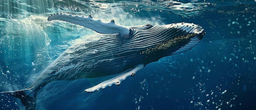 Majestic Humpback Whale Swimming Gracefully Underwater with Sunlight and Bubbles creating a - Powered by Adobe