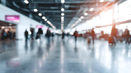 Silhouettes of travelers moving through a spacious modern airport terminal interior bathed in bright natural and light