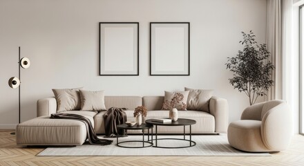 Fototapeta premium Cozy living room interior with a sectional sofa, two empty picture frames, coffee tables, and a modern floor lamp