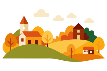 Naklejka premium Charming autumn village with rolling hills and colorful trees