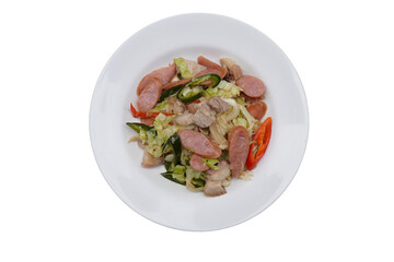 Thai food: stir-fried pork with cabbage and hot dogs die cut White background