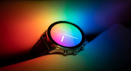 A modern smartwatch with a rainbow color wheel face is illuminated by a vibrant, multicolored light spectrum.
