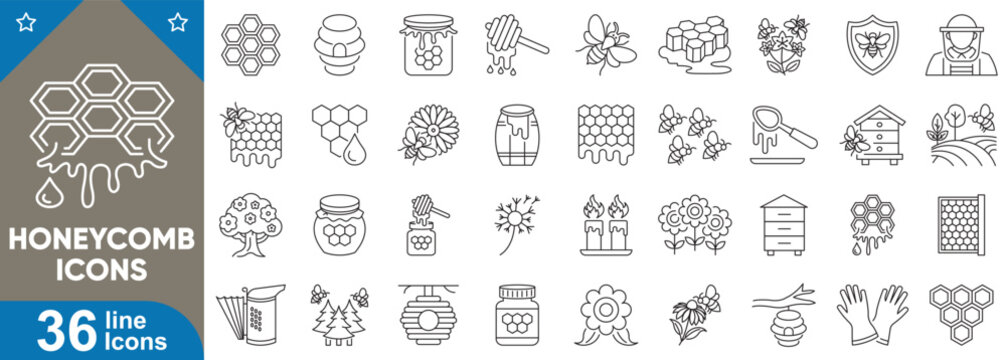 Honeycomb icons set related beekeeping, hive, bee, nature, worker, flower honey design collection vector illustration.