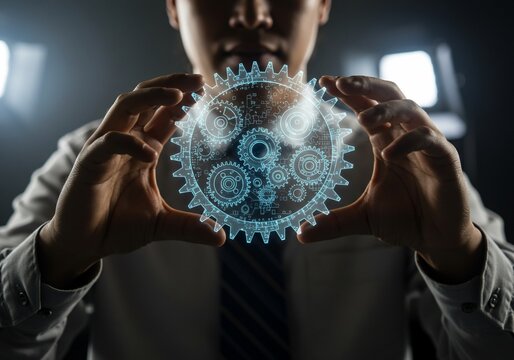Visionary professional manipulates glowing digital gears, symbolizing innovation, collaboration, and future technology solutions. - Powered by Adobe