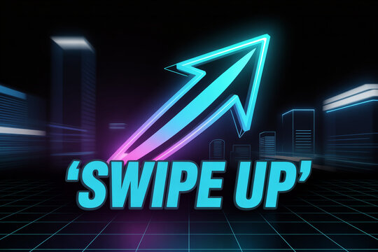 Dynamic neon arrow points upward with 'Swipe Up' text, encouraging action in a futuristic digital cityscape for marketing and engagement campaigns
