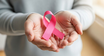 Close up of a woman s cupped hands gently holding a pink ribbon symbolizing breast cancer awareness and support for patients and survivors