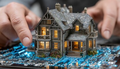 Intelligent smart home technology powers dream house on glowing circuit board, representing futuristic living and innovation
