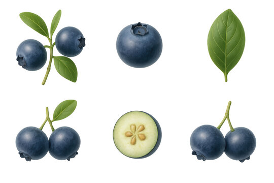 Farkleberry set with whole, halved, and paired fruits plus leaves, perfect for botanical illustration, food design, and digital clipart.