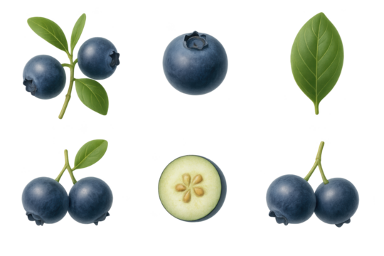 Farkleberry set with whole, halved, and paired fruits plus leaves, perfect for botanical illustration, food design, and digital clipart.