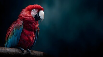A vibrant red and blue aw parrot perched on a branch showcasing its colorful plumage against a dark background