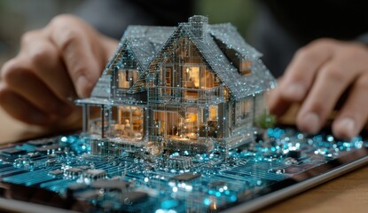Innovative smart home concept with futuristic digital blueprint overlay on a tablet, representing technology and real estate integration.