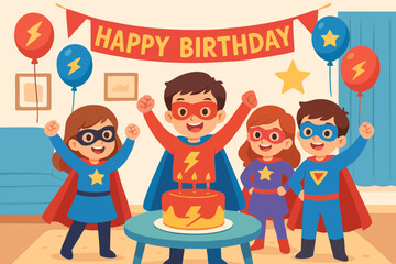 Birthday party illustration with kids in superhero costumes and cake."
