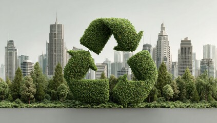 Lush green recycling symbol flourishes amidst a modern cityscape, symbolizing sustainability and eco-conscious urban development for a greener future.
