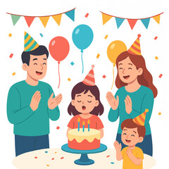 "Family birthday illustration with parents and child celebrating with cake."
