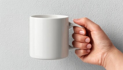Elegant white ceramic mug held by a hand against a textured white background, perfect for branding and product mockups.
