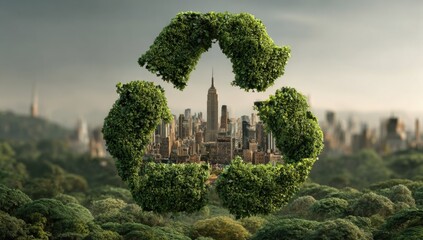 Vibrant green recycling symbol frames lush cityscape, symbolizing urban sustainability and eco friendly future planning.