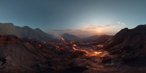 Fototapeta premium Exported lava hdri panoramic view of volcanic landscape at sunset