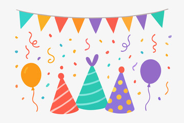 Birthday party illustration with colorful hats, garland, and confetti.