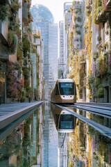 Futuristic glass tram seamlessly travels through a vibrant urban canyon with lush vertical gardens