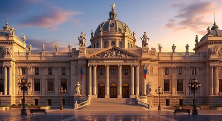 Obraz premium Majestic classical building with a prominent dome and columns at sunrise.